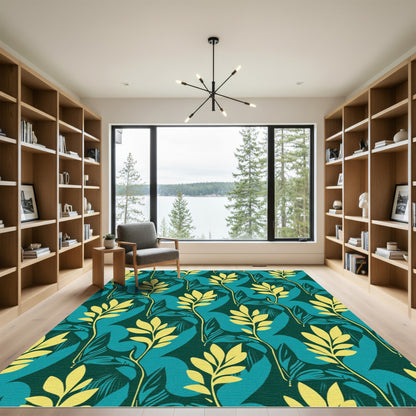 Emerald Teal Yellow Leafy Vine Rug
