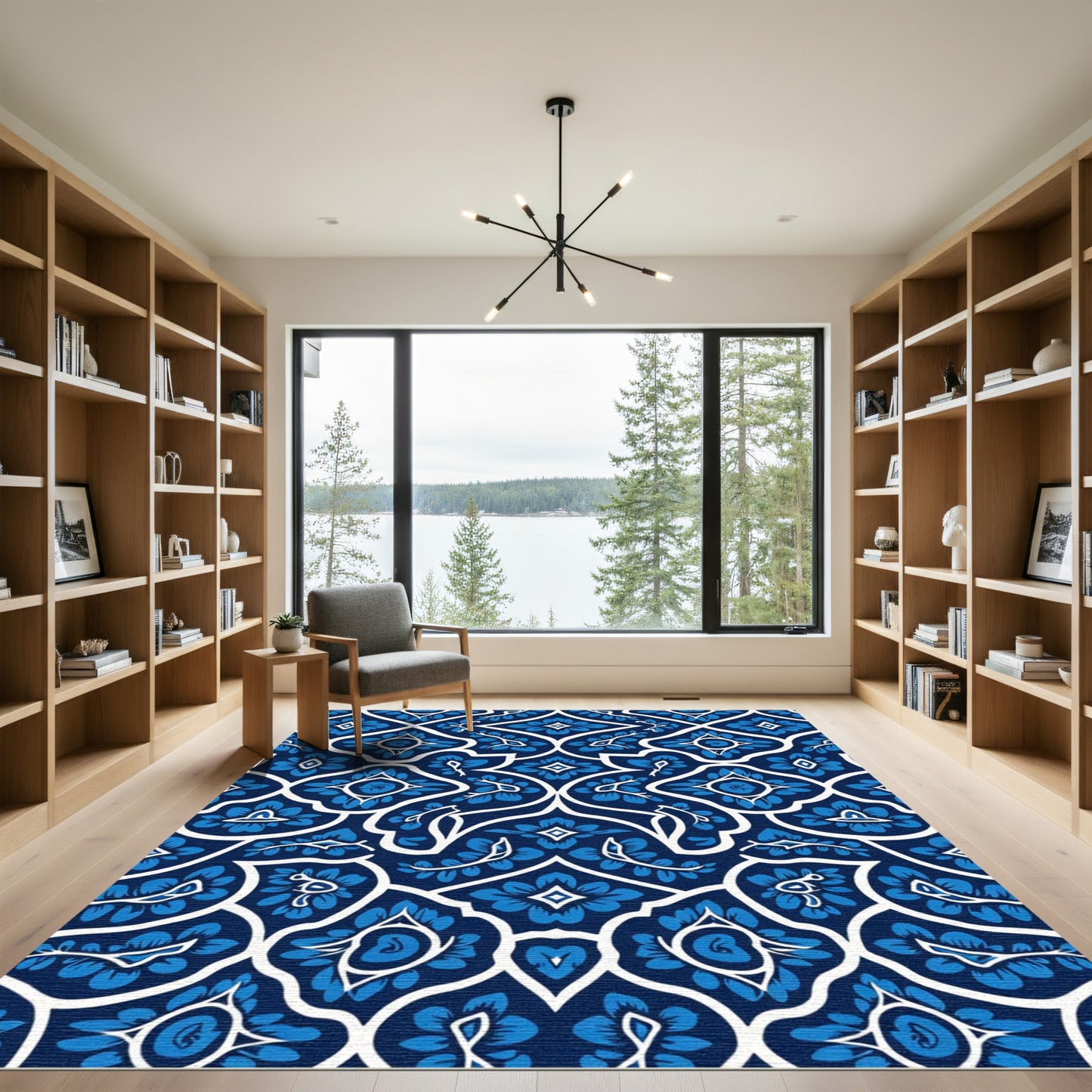 Classic Indigo Blue Floral Lattice Rug