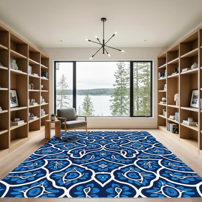 Classic Indigo Blue Floral Lattice Rug