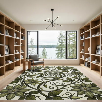 Elegant Sage Green Botanical Swirl Rug