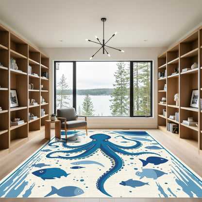 Deep Blue Octopus Fish Marine Life Rug