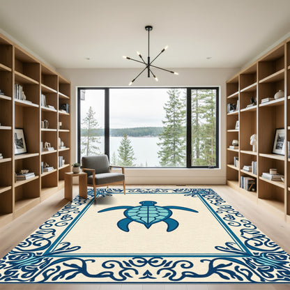 Deep Blue Turtle Ornate Border Rug