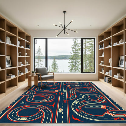 Retro Race Track Red Blue Illustration Rug