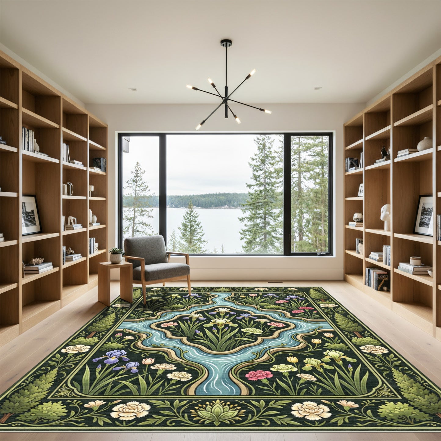 Dark Emerald Garden River Floral Arrangement Rug