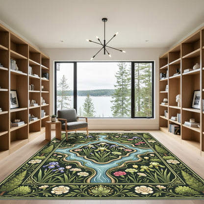 Dark Emerald Garden River Floral Arrangement Rug