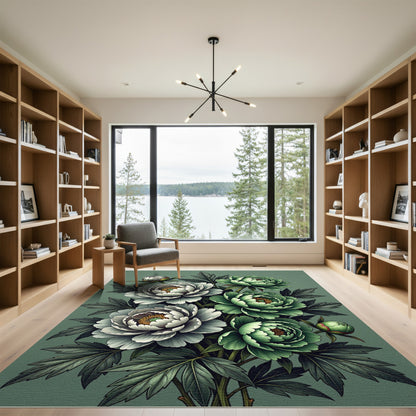 Botanical Sage Green Peony Bouquet Rug