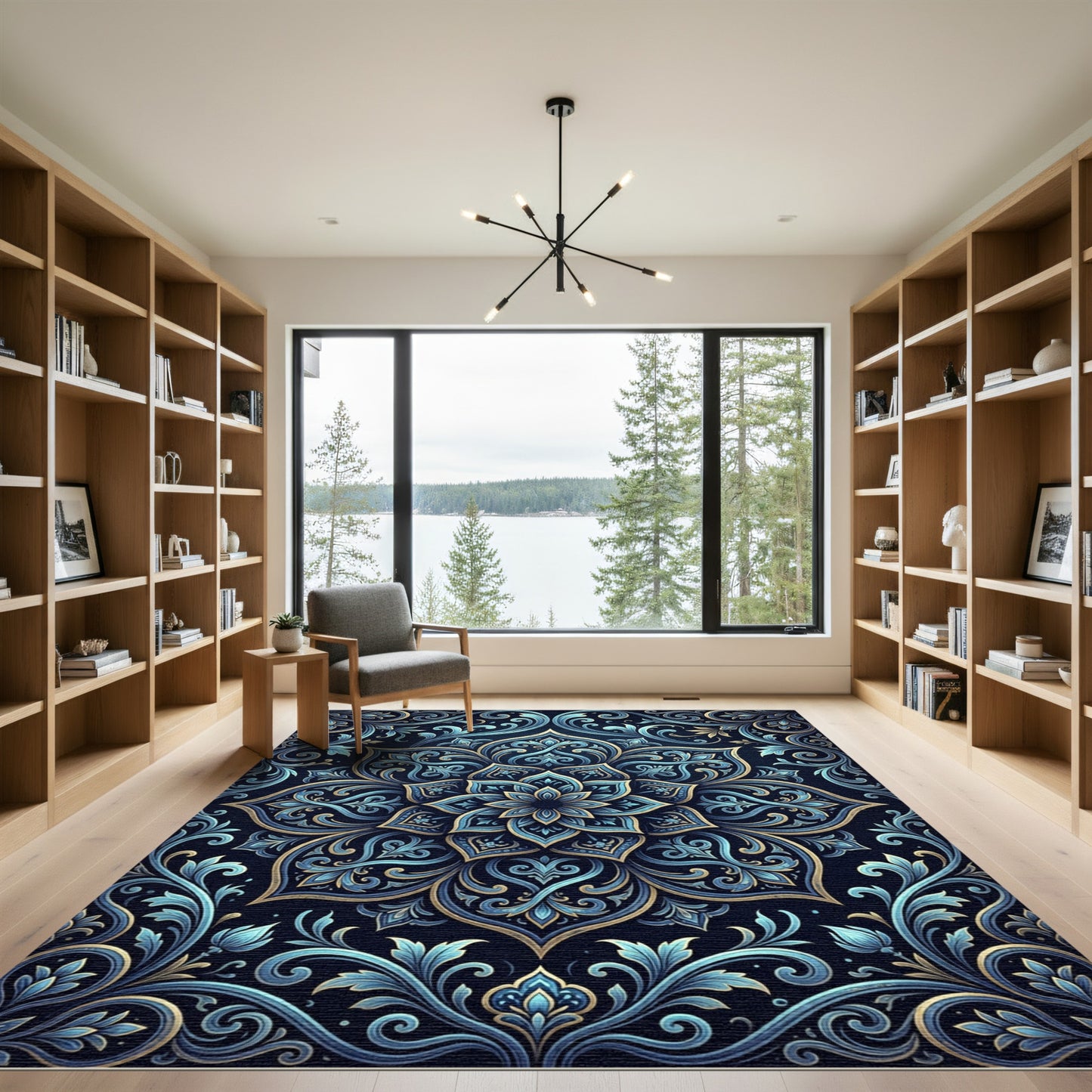 Ornate Navy and Sky Blue Medallion Rug