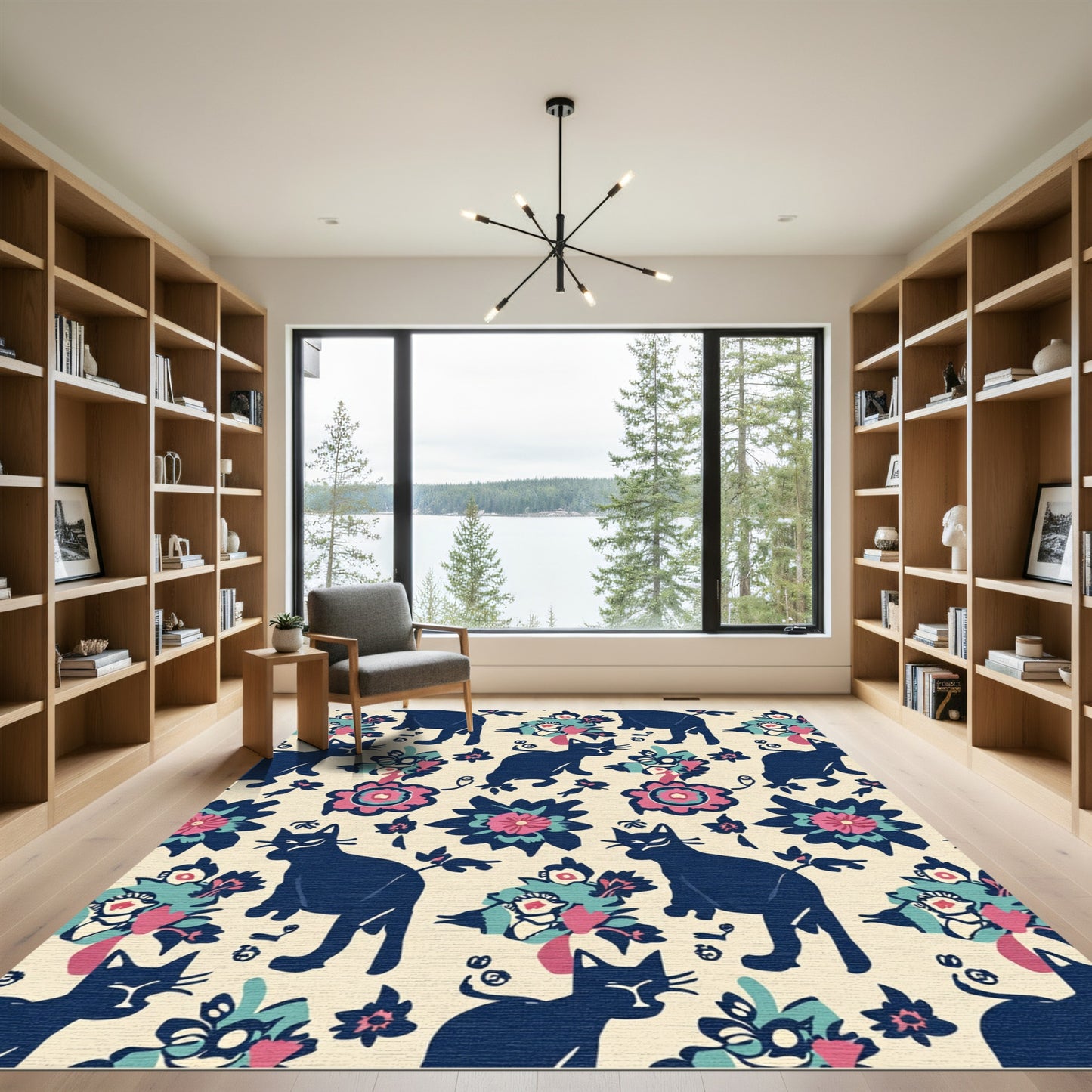Whimsical Indigo Cat Floral Medley Rug