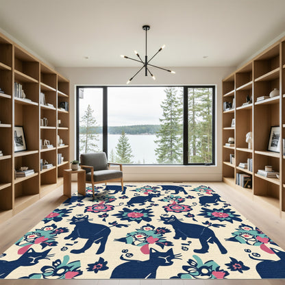 Whimsical Indigo Cat Floral Medley Rug