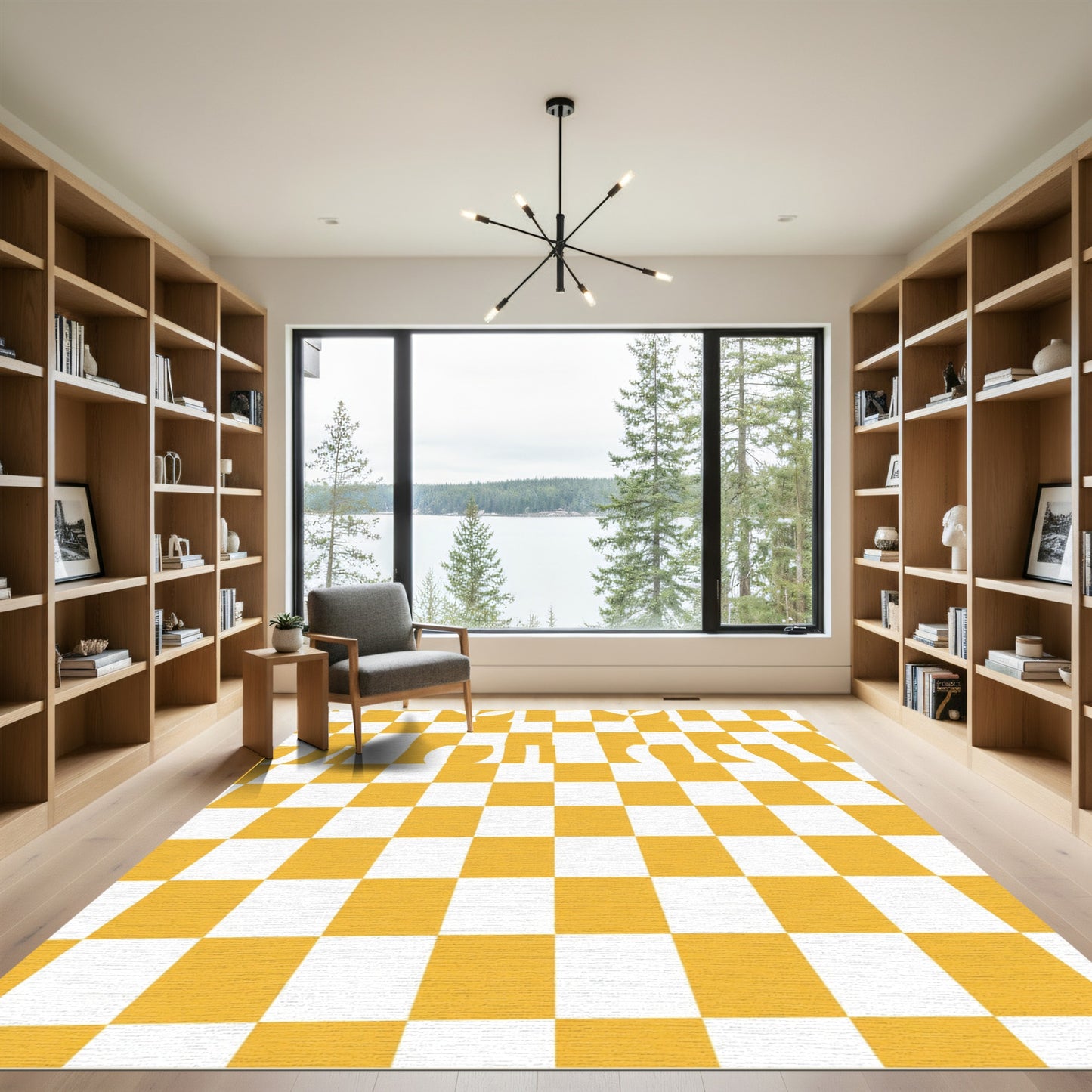 Distorted Yellow White Checkered Composition Rug