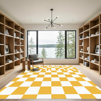 Distorted Yellow White Checkered Composition Rug