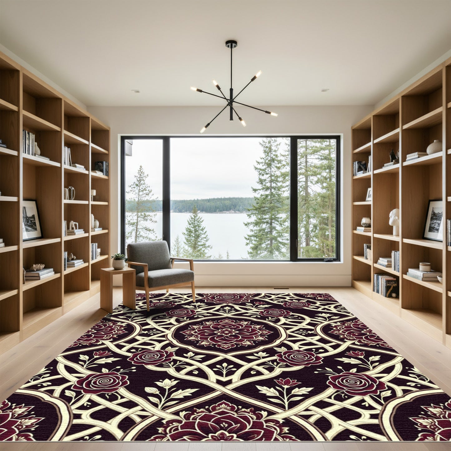 Deep Crimson Rose Intricate Lattice Oval Rug