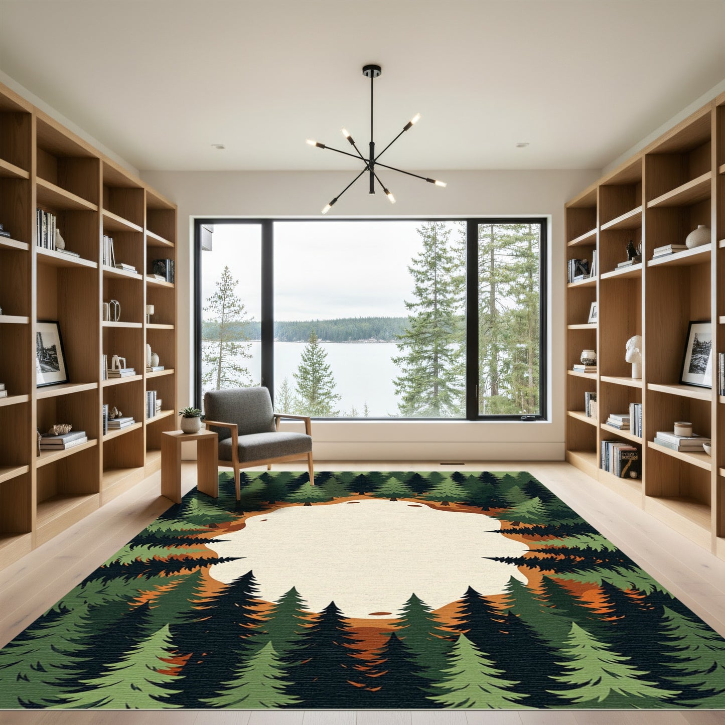 Encircled Verdant Pine Forest Landscape Rug