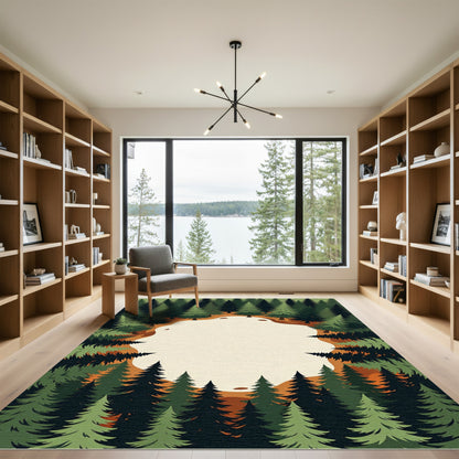 Encircled Verdant Pine Forest Landscape Rug