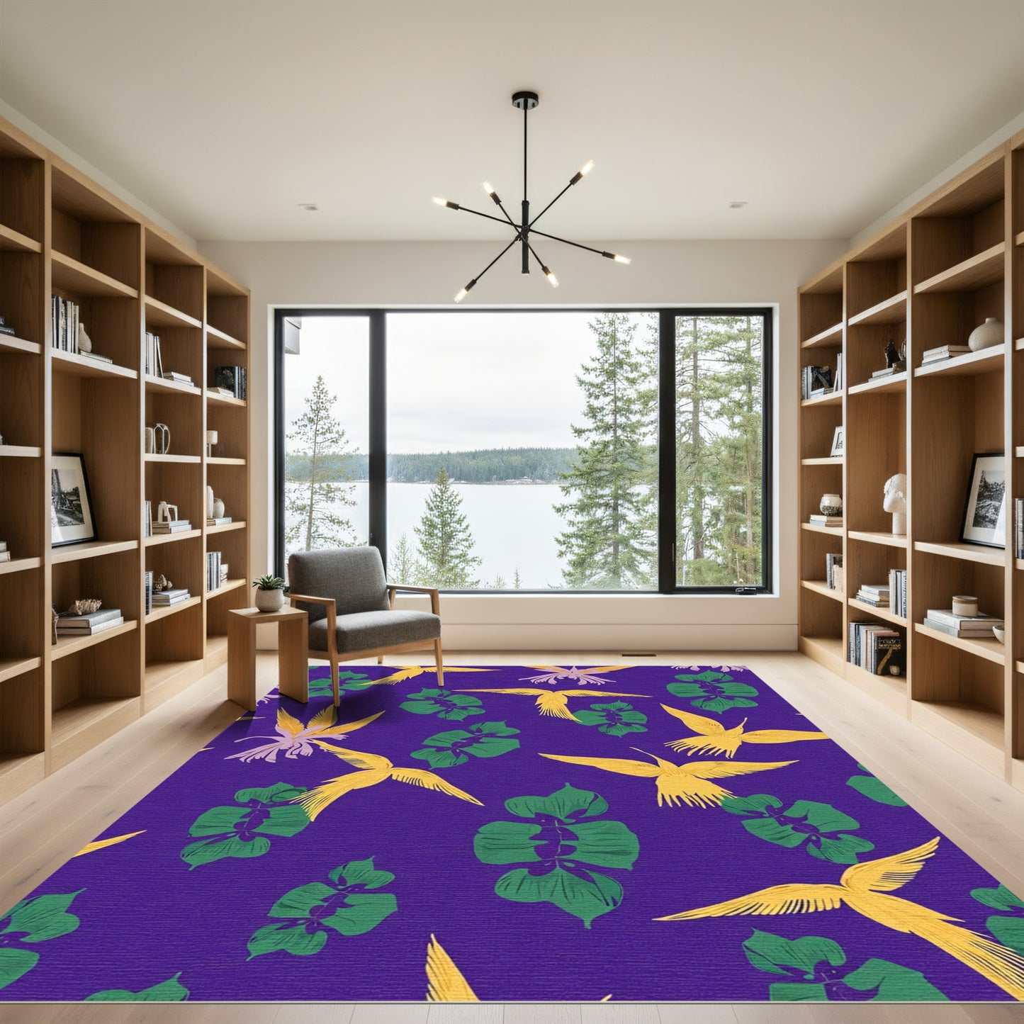 Golden Birds Green Leaf Purple Background Rug