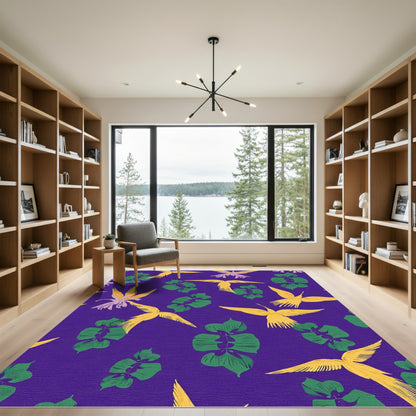 Golden Birds Green Leaf Purple Background Rug