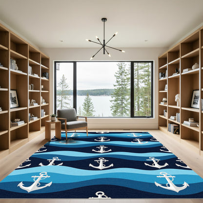 White Anchors on Navy Blue Waves Rug