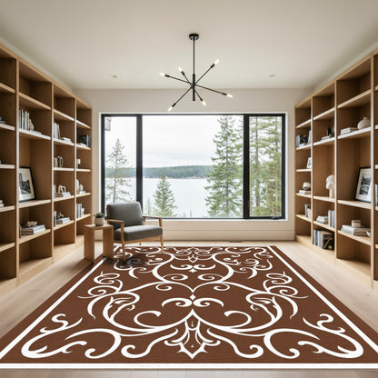 Brown White Ornate Scroll Centerpiece Rug