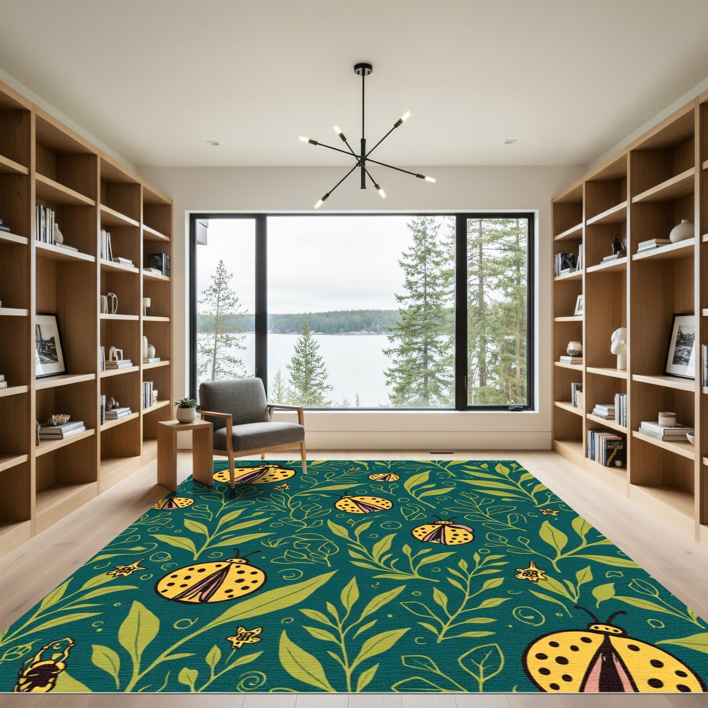 Whimsical Yellow Ladybug Garden Teal Rug