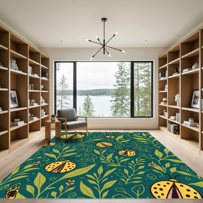 Whimsical Yellow Ladybug Garden Teal Rug