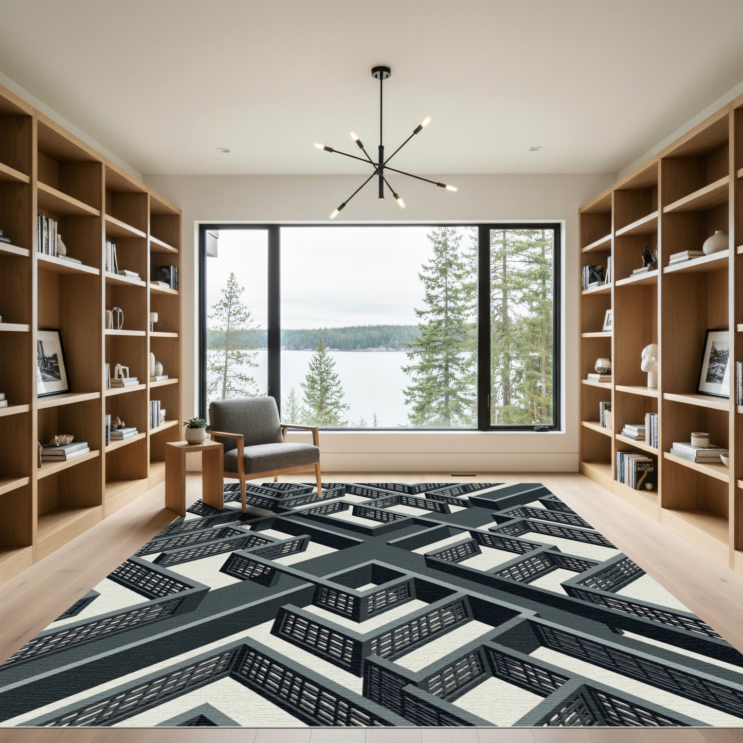 Monochromatic Geometric Isometric Labyrinth Maze Rug