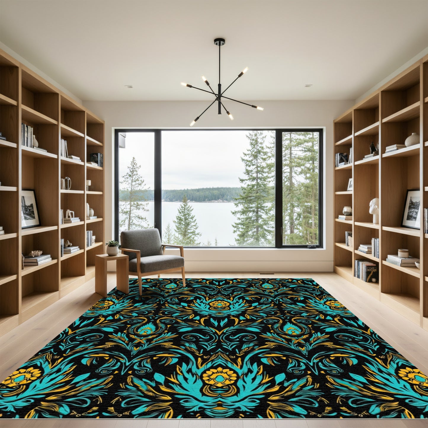 Teal Gold Floral Damask Scrolling Rug