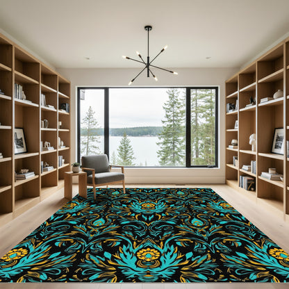 Teal Gold Floral Damask Scrolling Rug