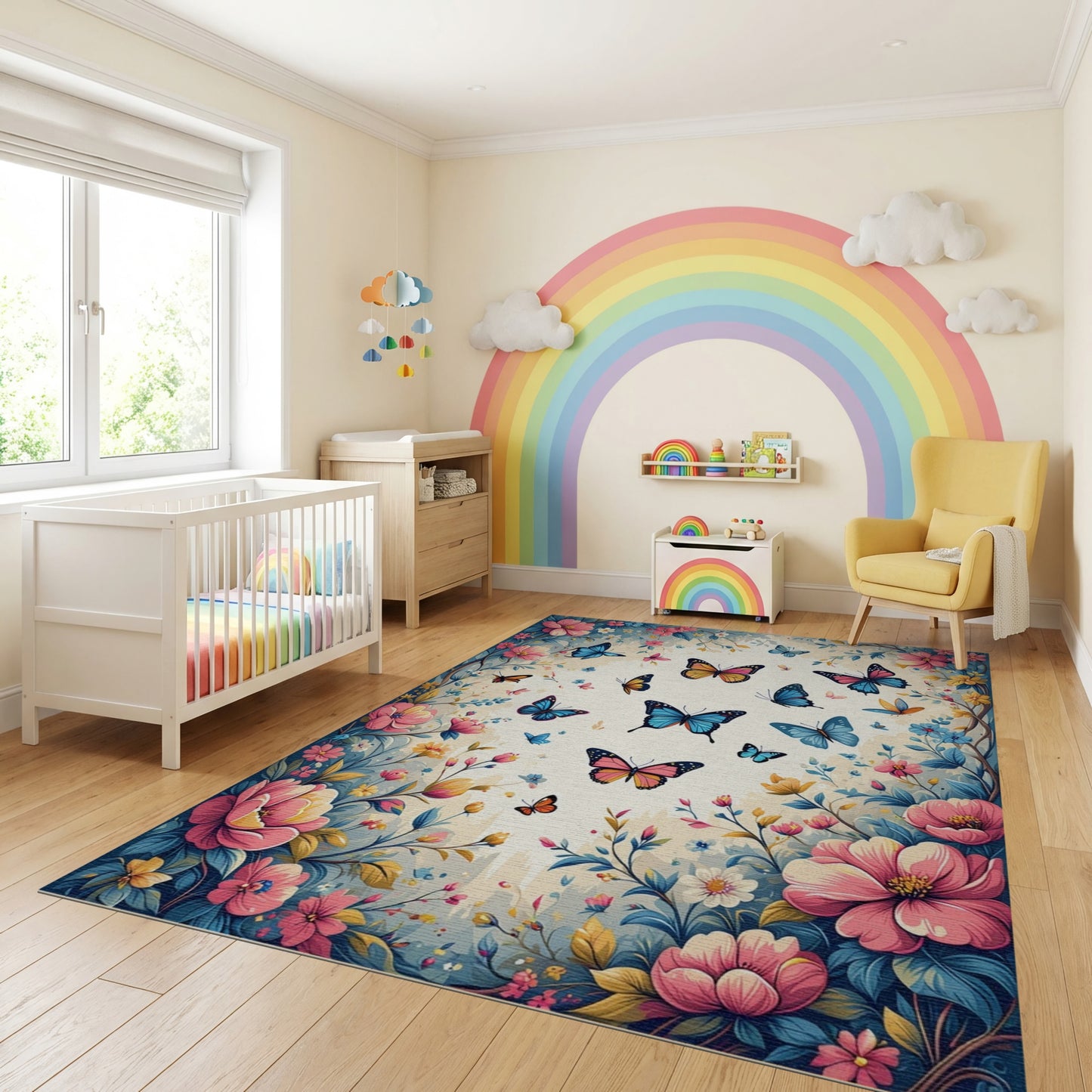 Pink Blue Butterfly Floral Whimsical Rug