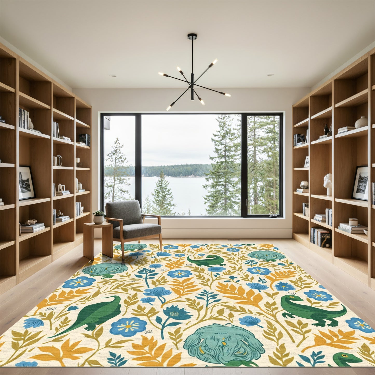 Green Dinosaurs Blue Floral Botanical Rug