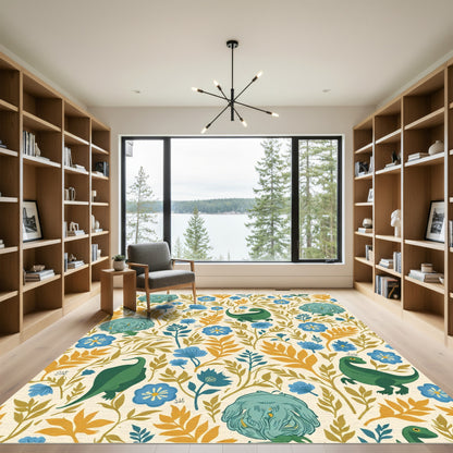 Green Dinosaurs Blue Floral Botanical Rug