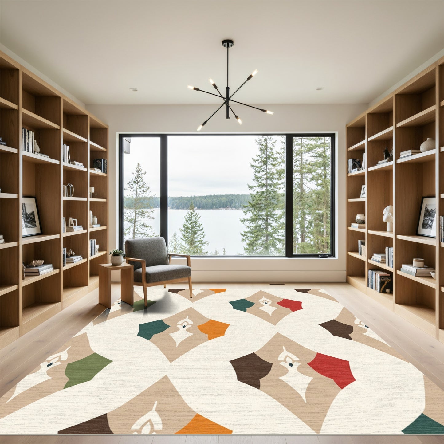Abstract Cream Geometric Teal Medallion Rug