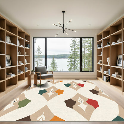 Abstract Cream Geometric Teal Medallion Rug