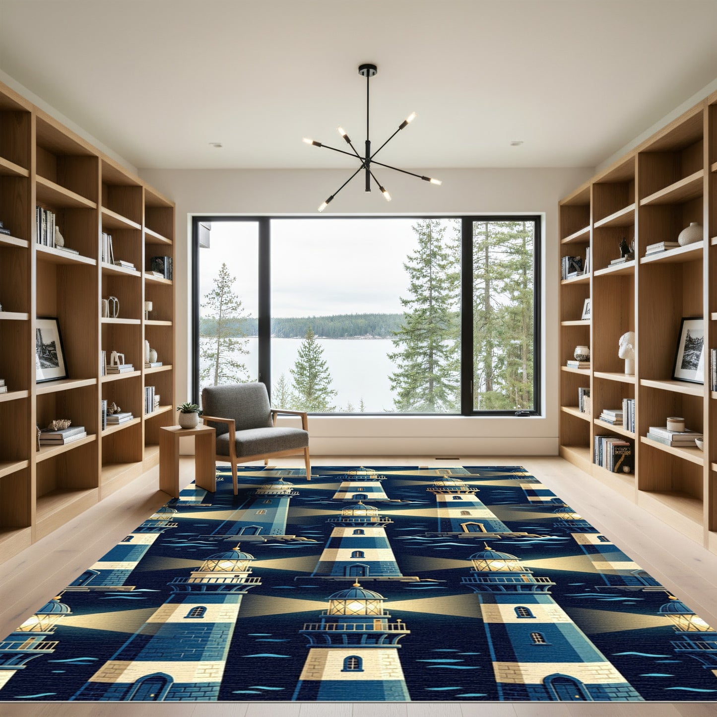 Nautical Blue Striped Lighthouses Illumination Rug