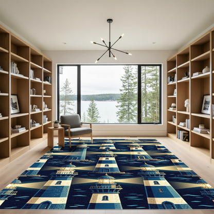 Nautical Blue Striped Lighthouses Illumination Rug