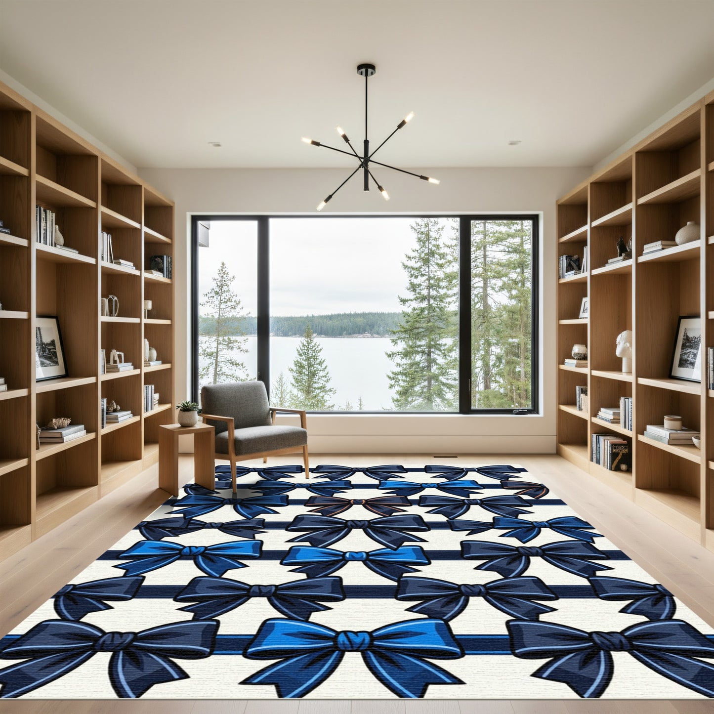 Navy Blue Satin Ribbon Bow Grid Rug
