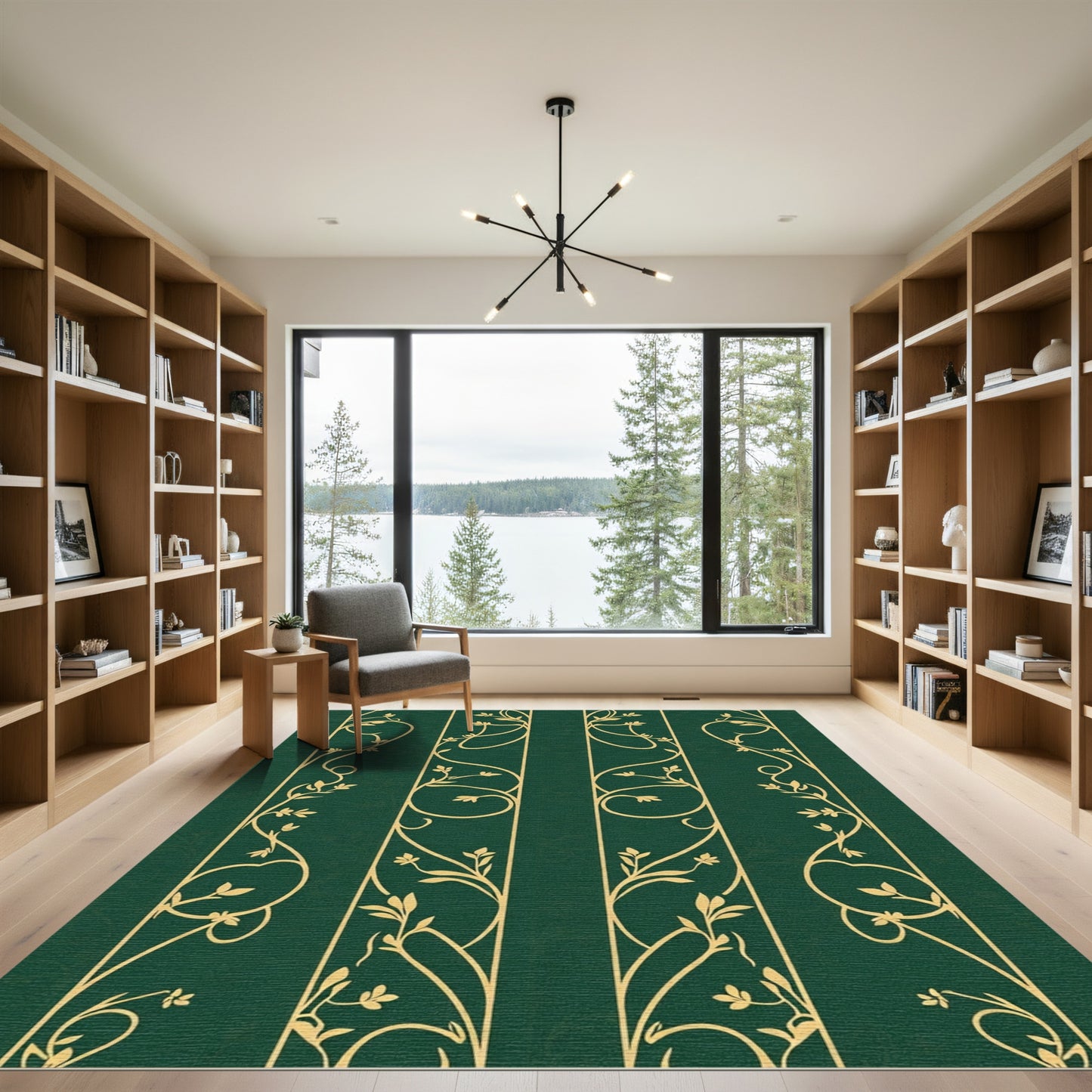 Emerald Green Golden Floral Stripe Rug
