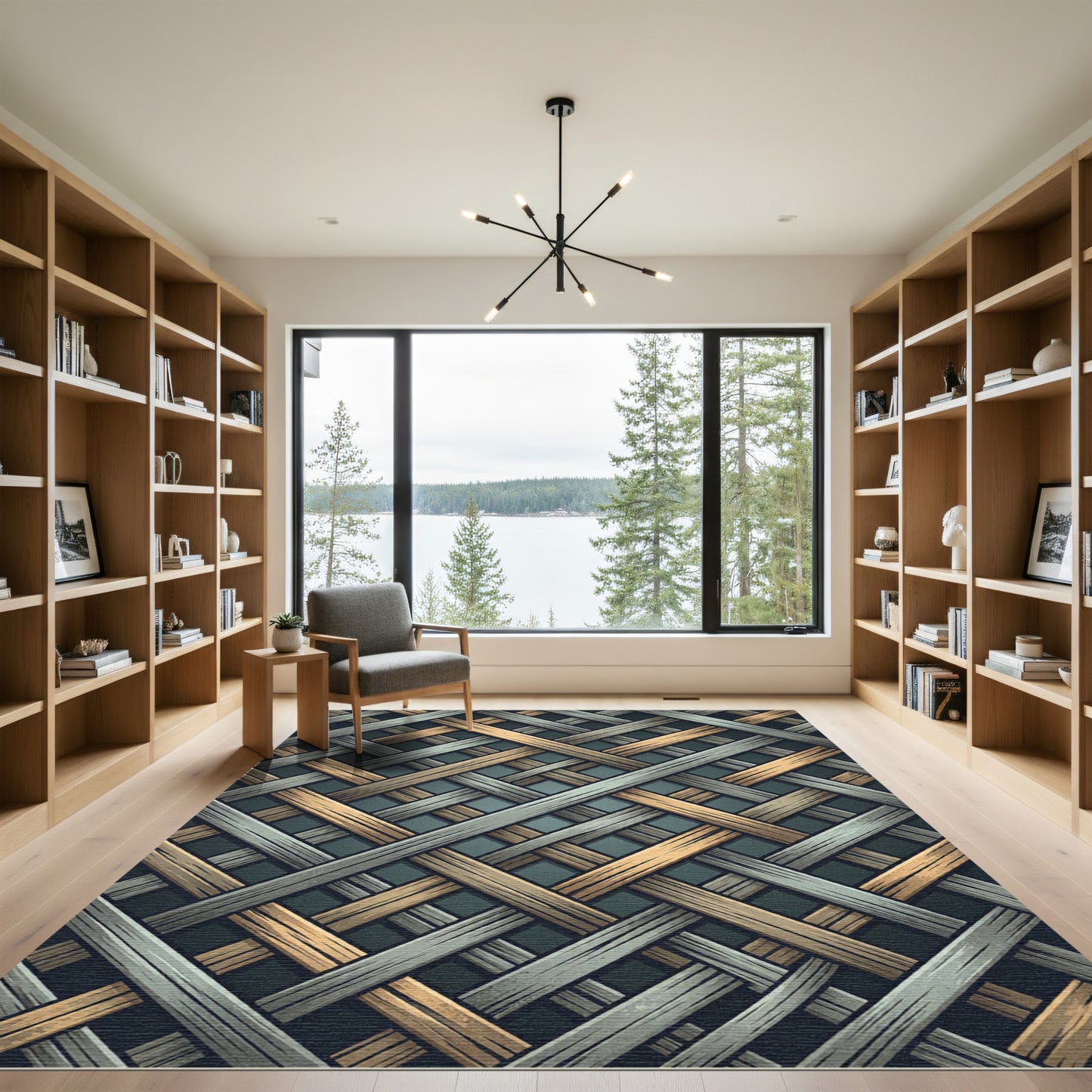 Interwoven Metallic Gray and Gold Lattice Rug