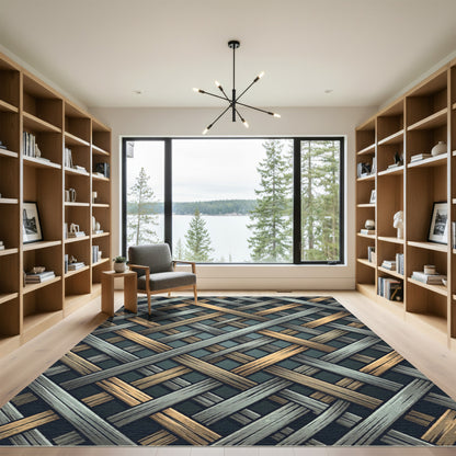 Interwoven Metallic Gray and Gold Lattice Rug