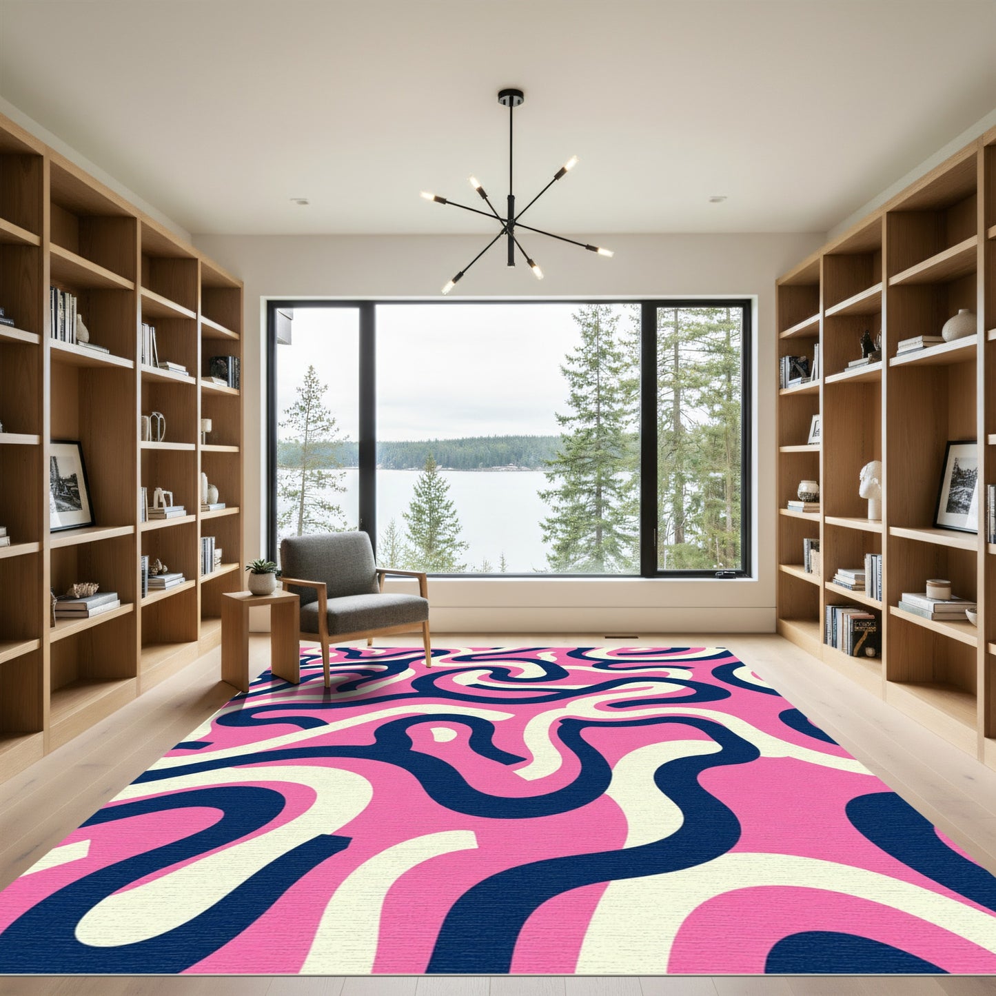 Pink White Navy Swirling Lines Rug