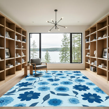 Shades of Blue Floral Butterfly Garden Rug