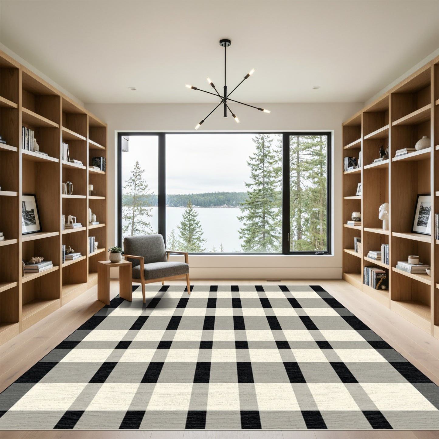 Classic Black Cream Plaid Stripes Rug