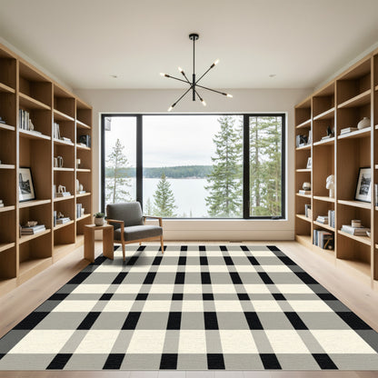 Classic Black Cream Plaid Stripes Rug
