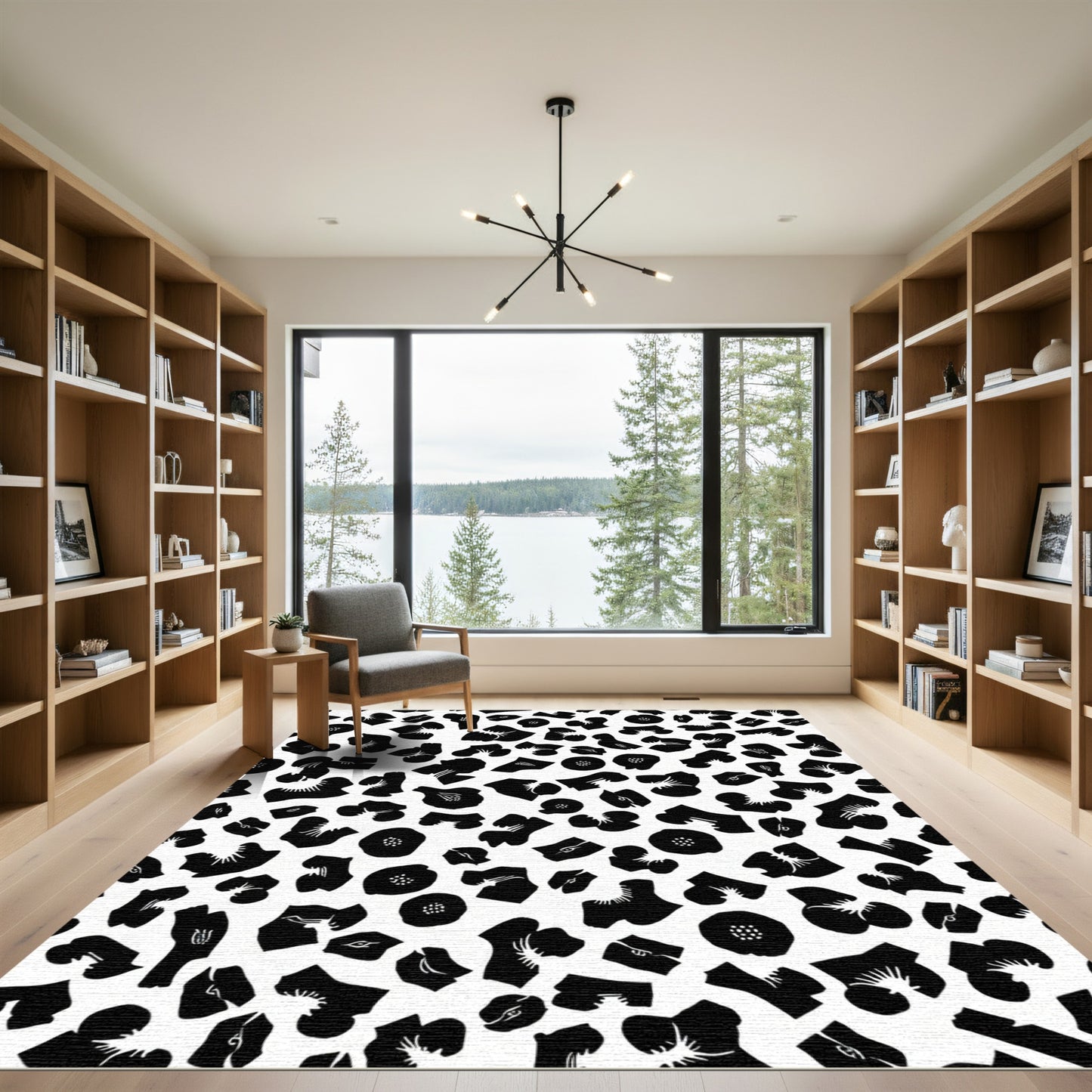 Black White Abstract Floral Scatter Rug