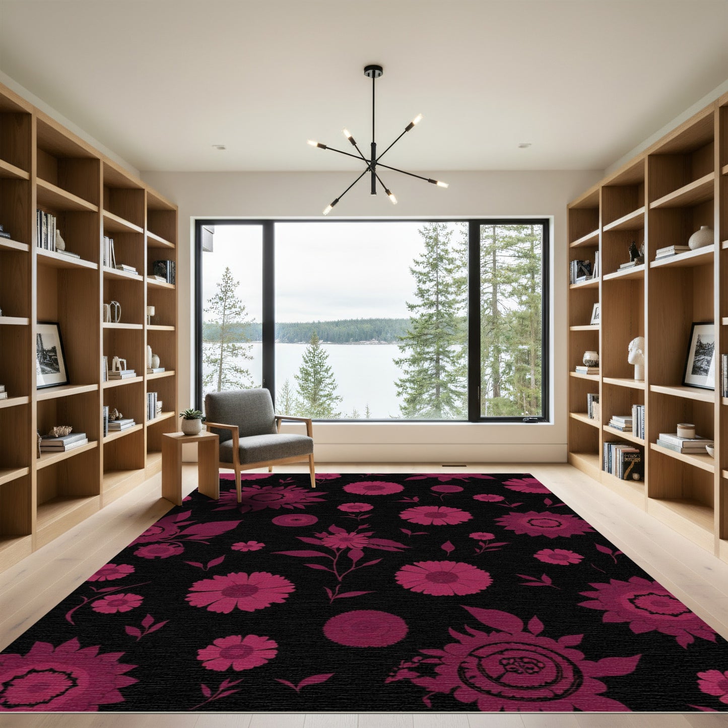 Crimson Floral Medallions Black Ground Rug