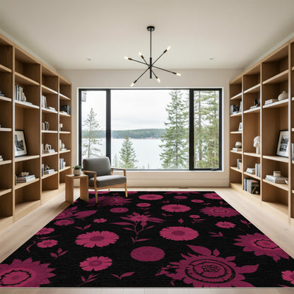 Crimson Floral Medallions Black Ground Rug