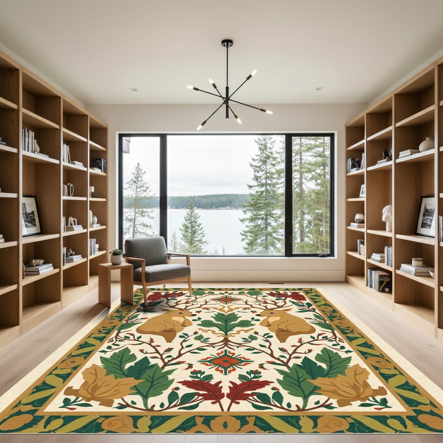 Rustic Deer Floral Woodland Scene Rug