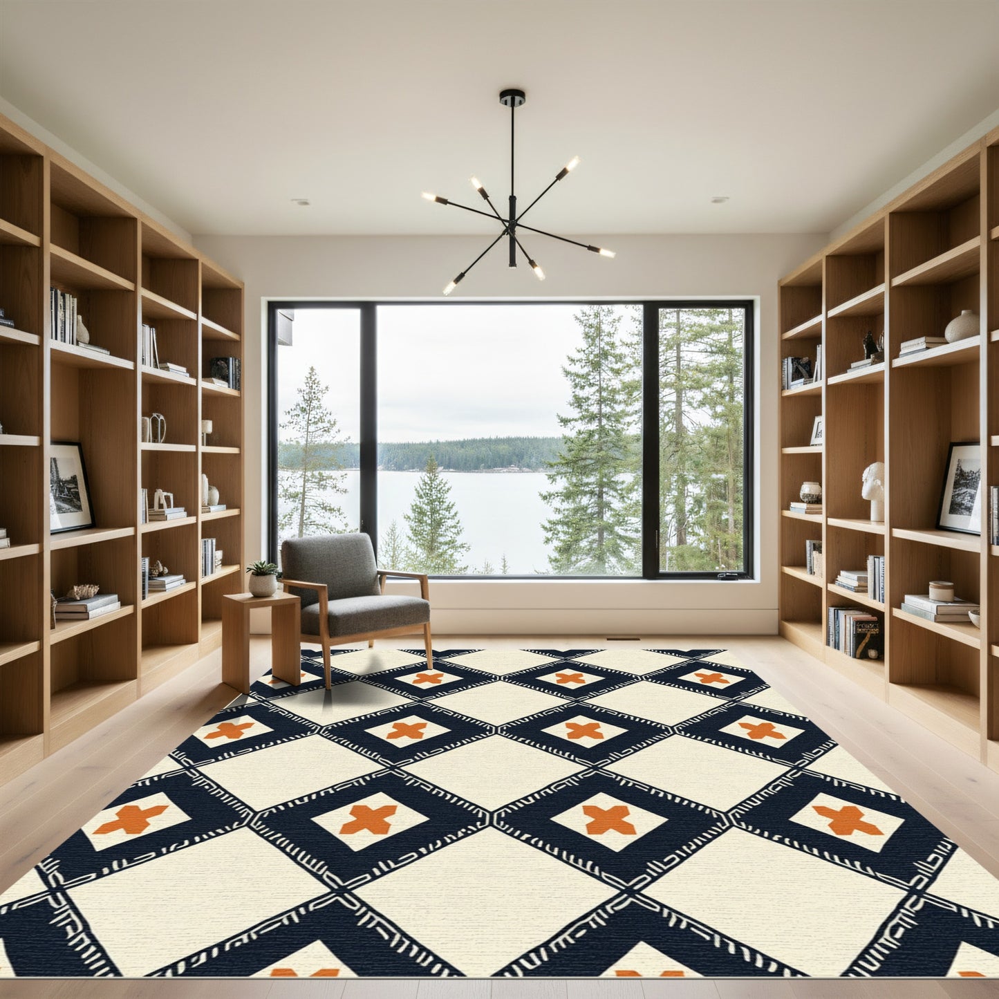 Cream Navy Orange Diamond Cross Rug