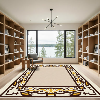 Ornate Golden Brown Floral Frame Rug