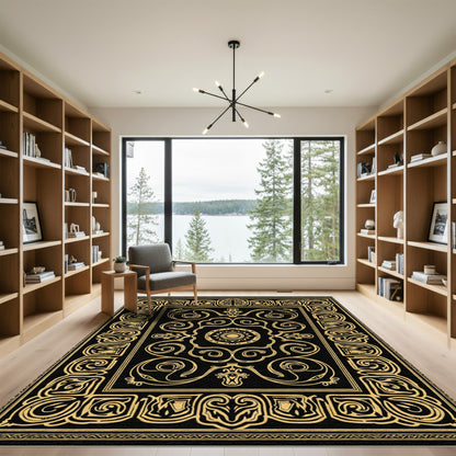 Black And Gold Medieval Scroll Rug