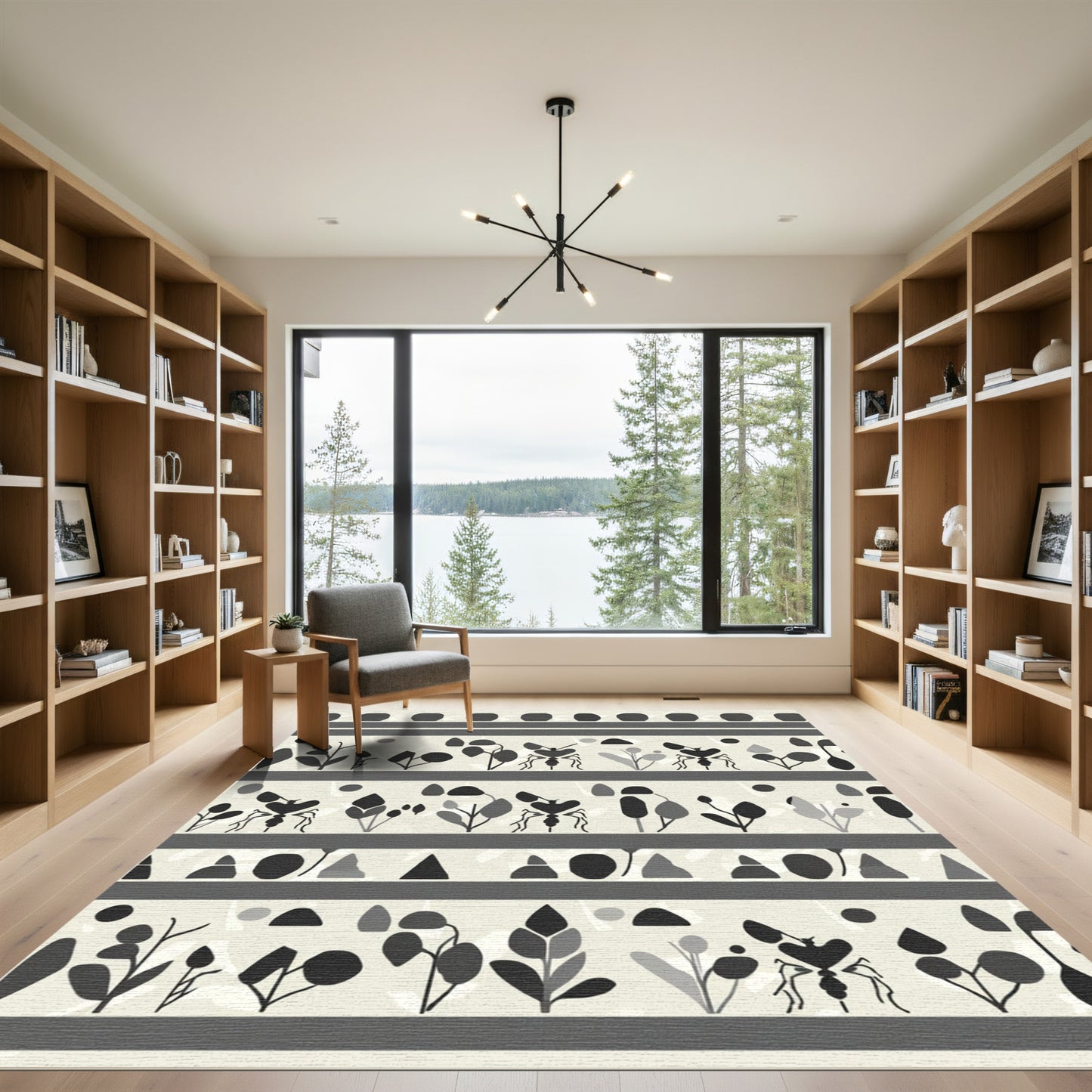 Monochromatic Insect And Botanical Stripe Rug